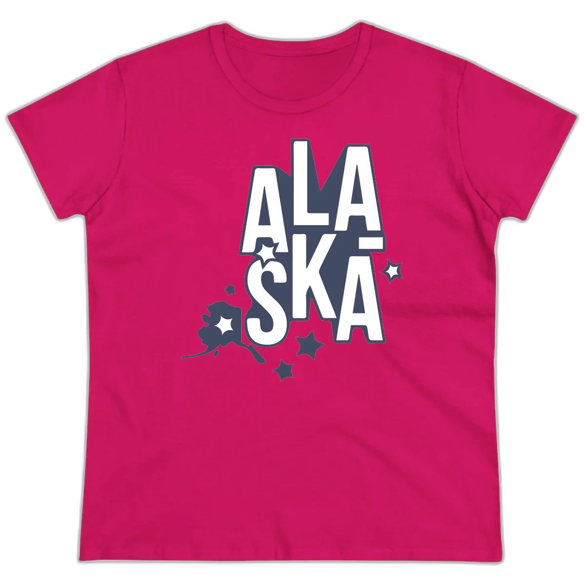 Alaska Bound Adventure Typography Ladies Tee in Heliconia