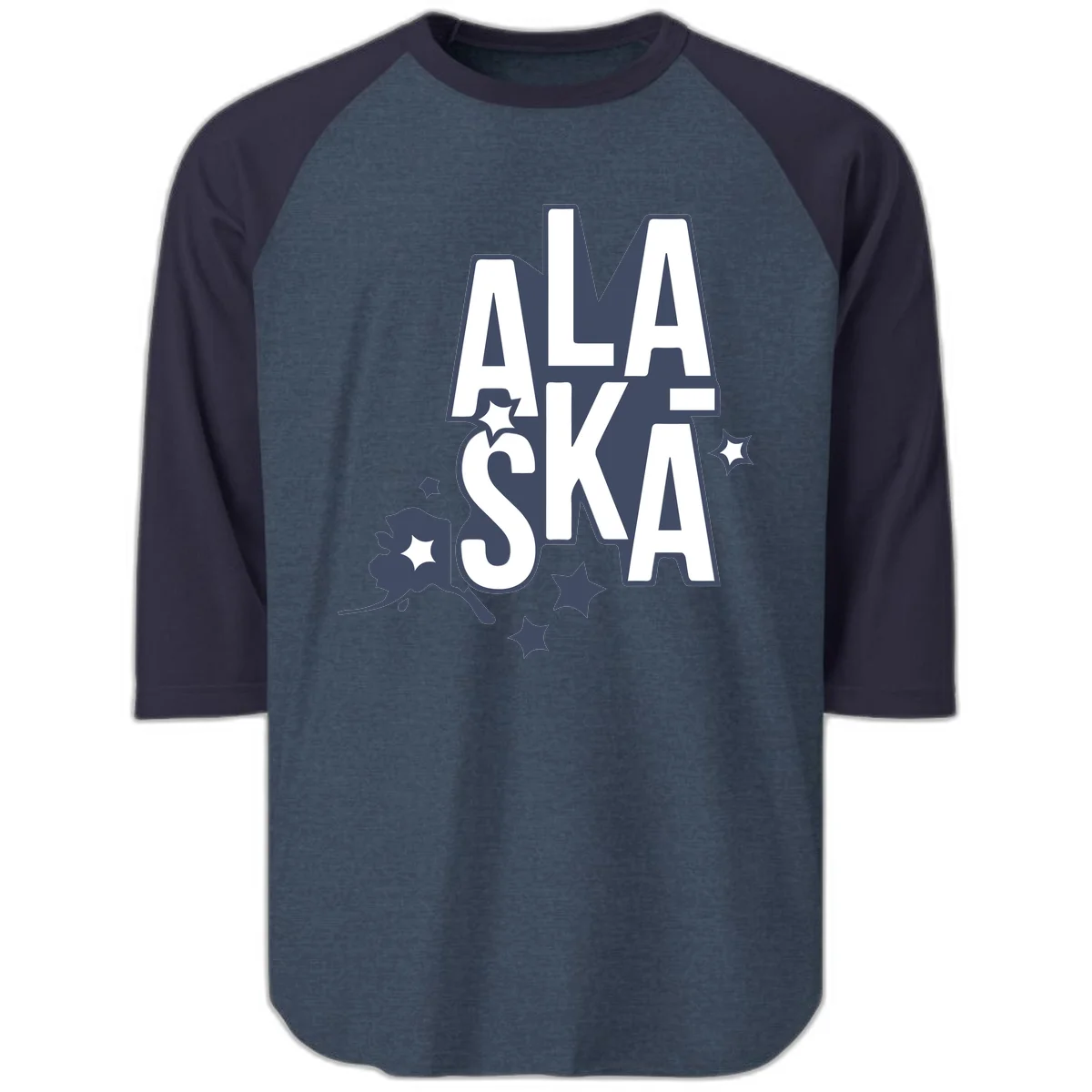 Alaska Bound Adventure Typography Raglan 3/4 in Heather Denim Navy