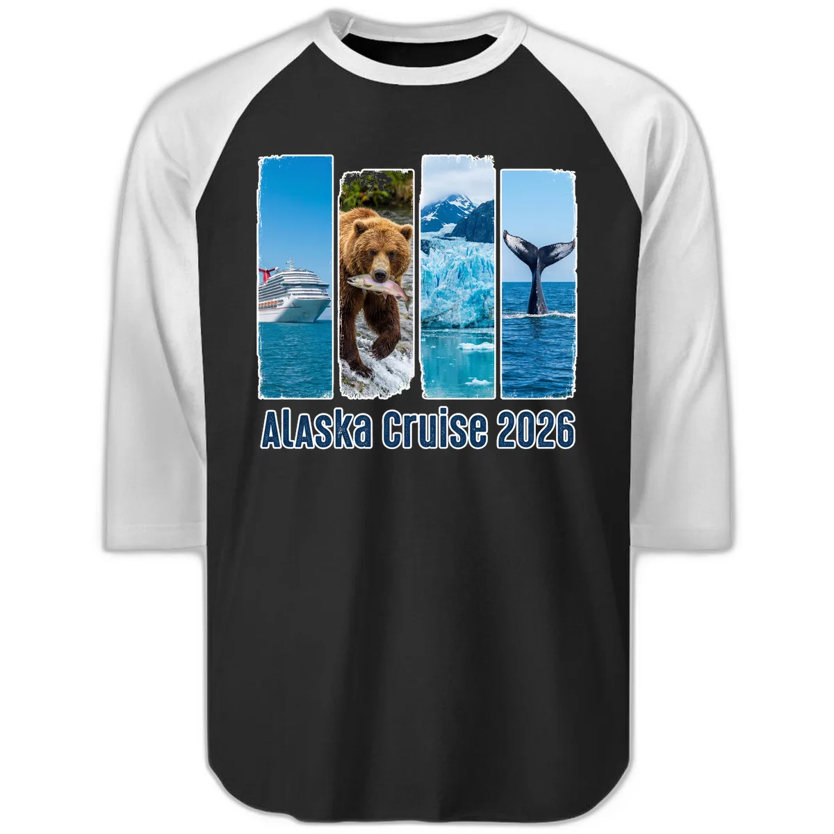 Alaska Cruise 2026 Adventure Panels Raglan 3/4 Sleeve in Black White