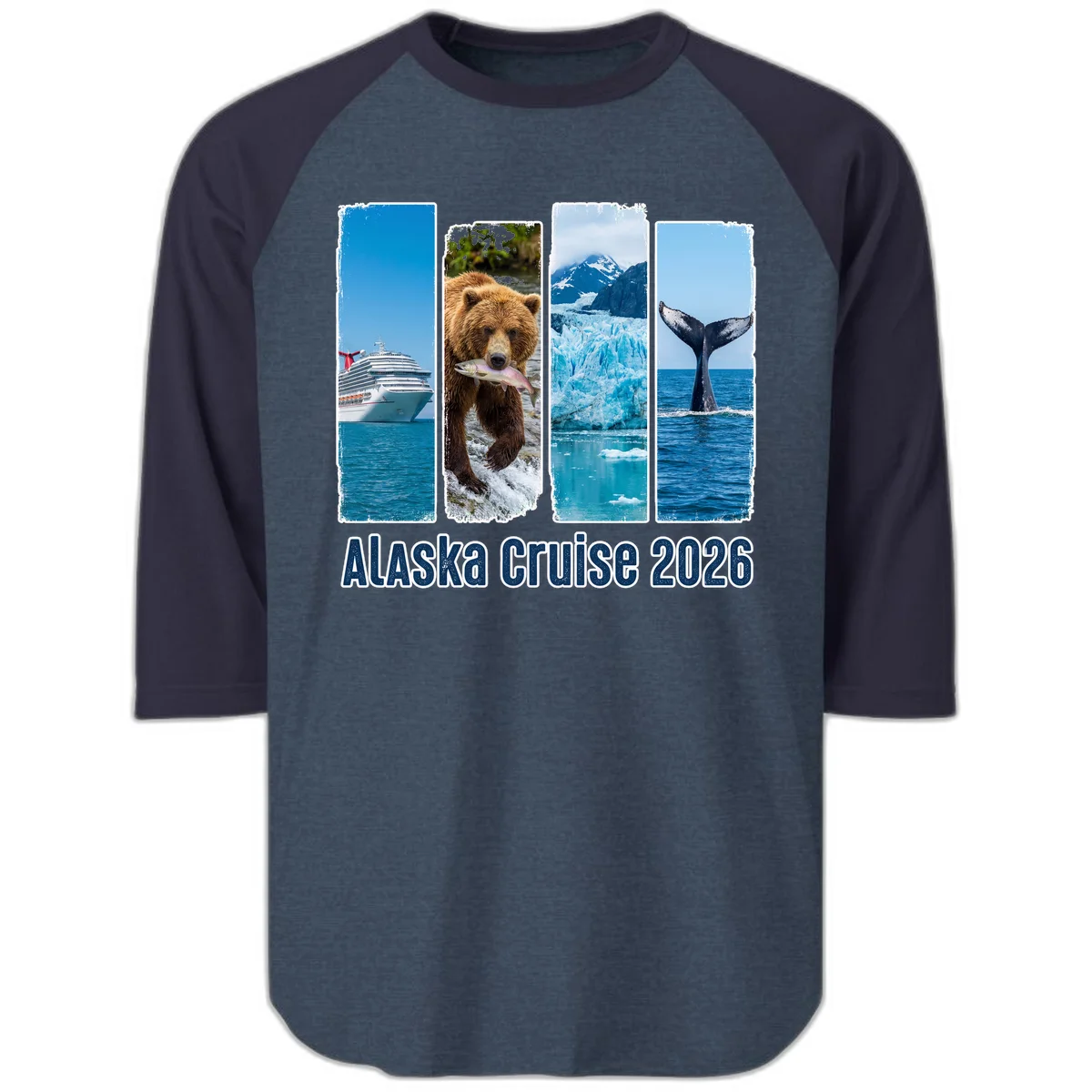 Alaska Cruise 2026 Adventure Panels Raglan 3/4 Sleeve in Heather Denim Navy