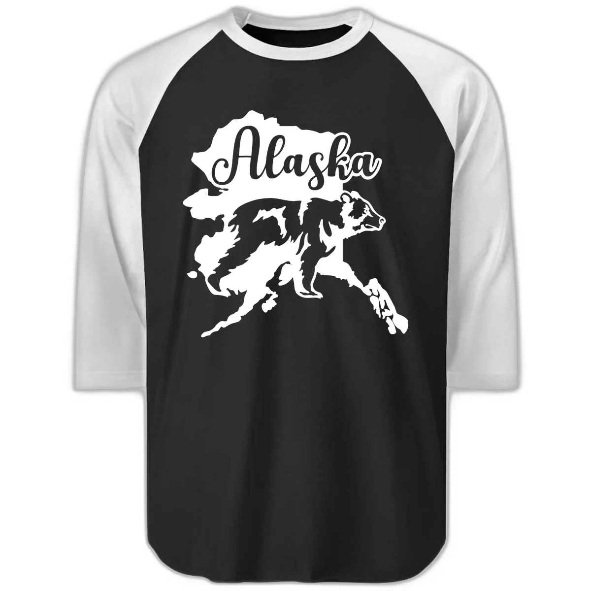 Alaska Bear Map Design Raglan 3/4 in Black White