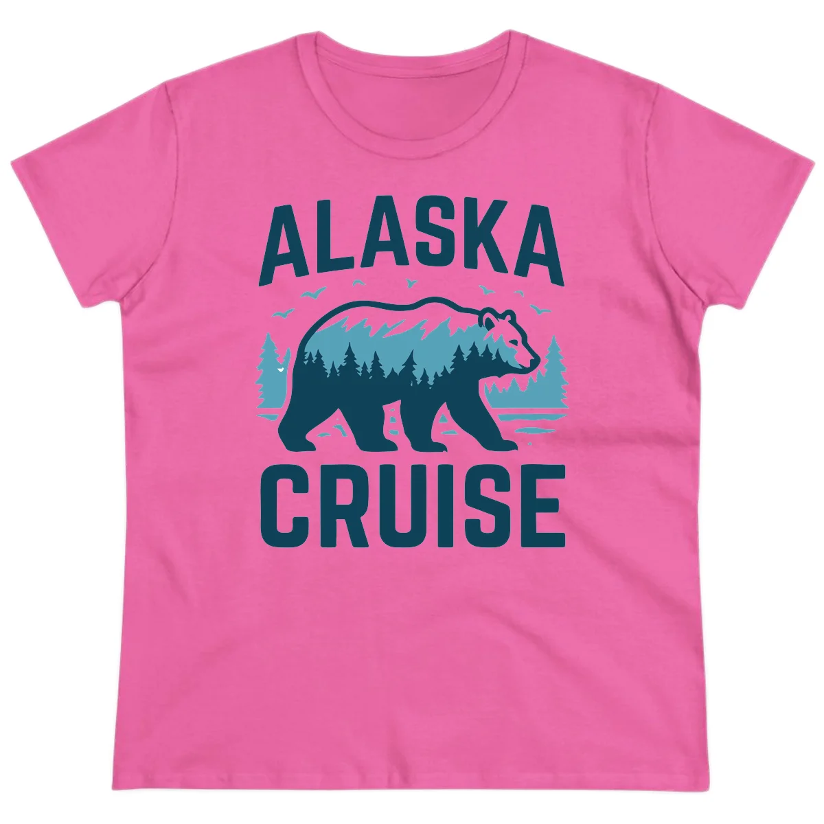 Alaska Cruise Bear Mountain Forest Design Ladies Tee in Azalea