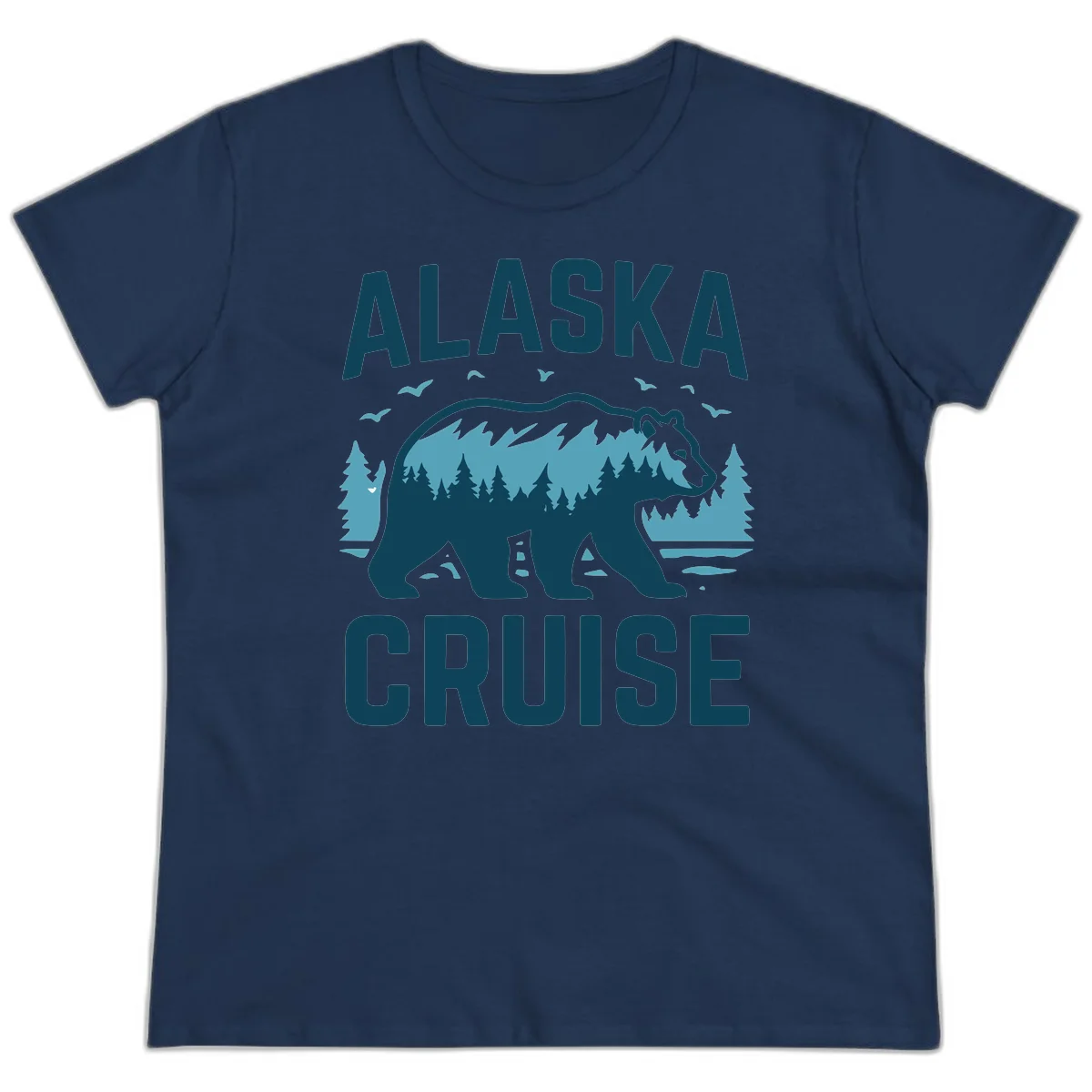 Alaska Cruise Bear Mountain Forest Design Ladies Tee in Navy