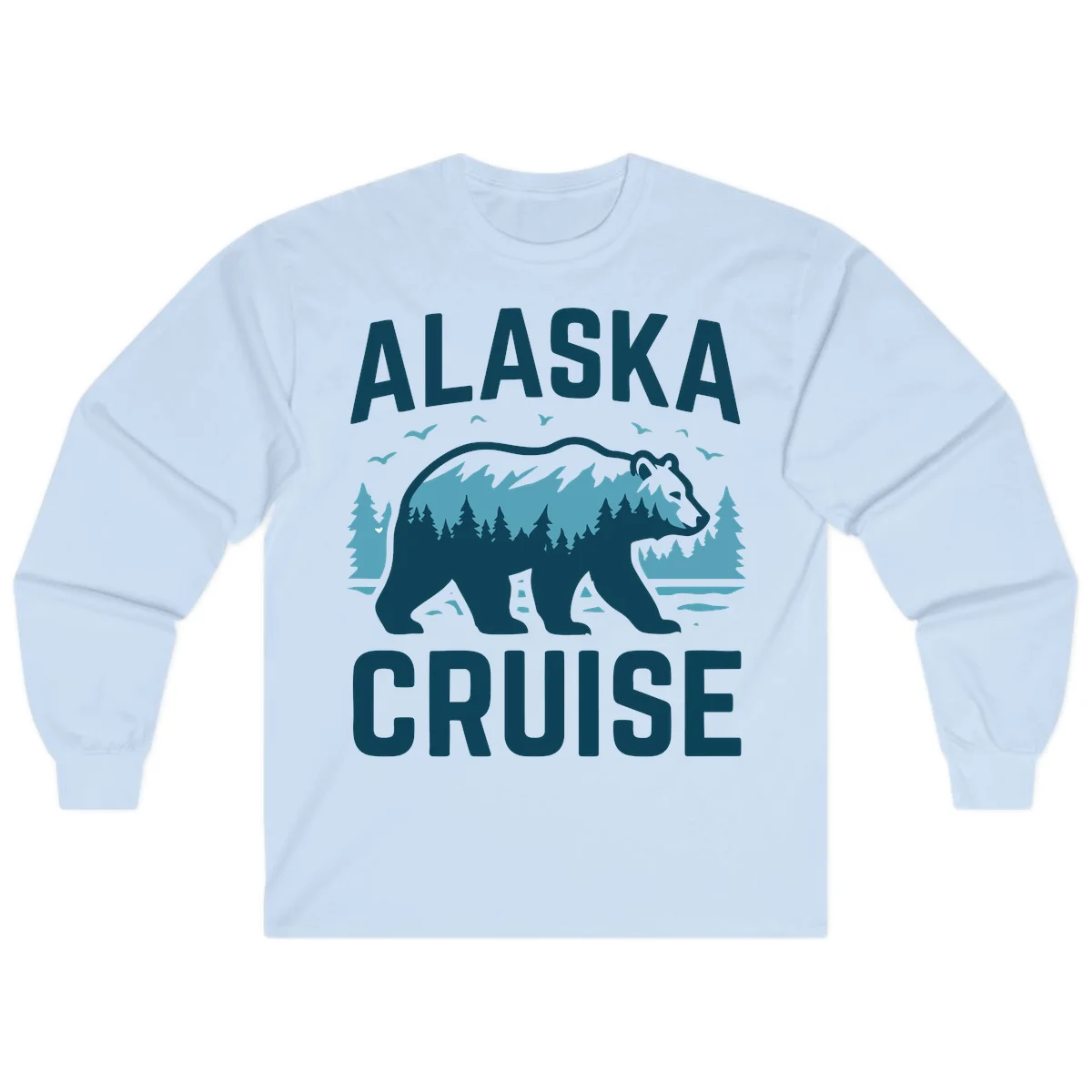 Alaska Cruise Bear Mountain Forest Design Long Sleeve in Light Blue