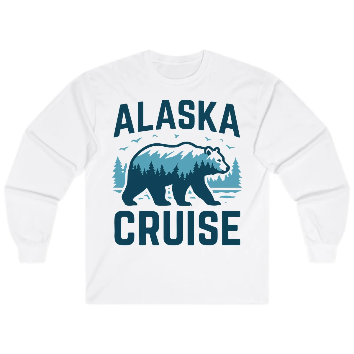 Alaska Cruise Bear Mountain Forest Design Long Sleeve in White