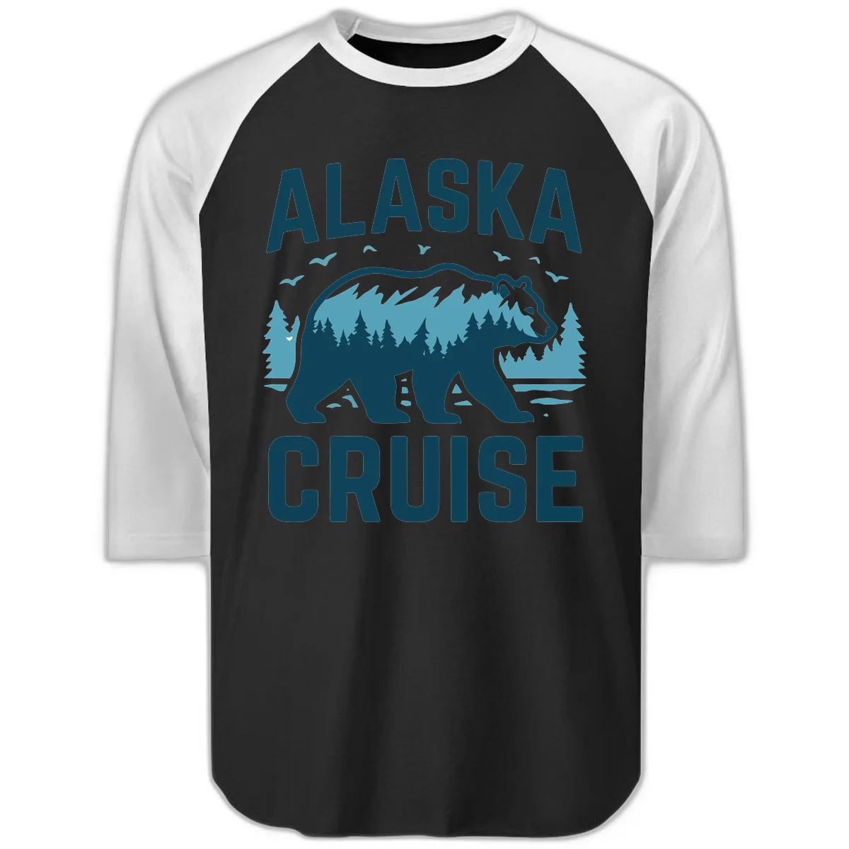 Alaska Cruise Bear Mountain Forest Design Raglan 3/4 Sleeve in Black White