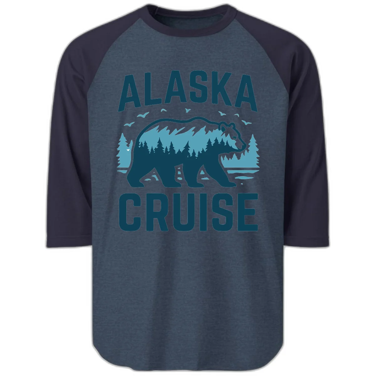 Alaska Cruise Bear Mountain Forest Design Raglan 3/4 Sleeve in Heather Denim Navy
