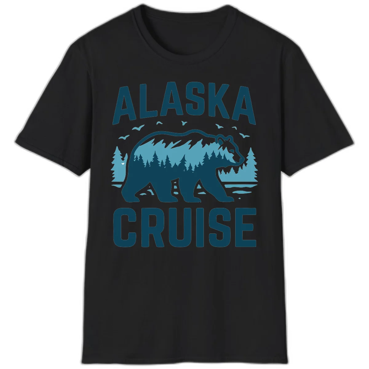Alaska Cruise Bear Mountain Forest Design T-Shirt in Black