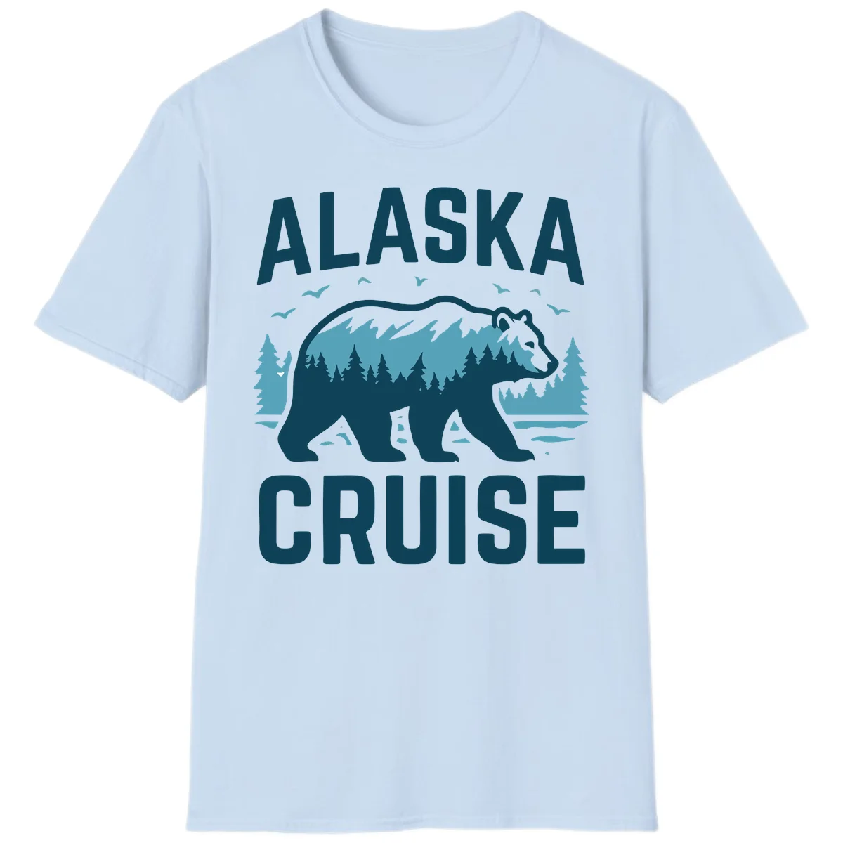 Alaska Cruise Bear Mountain Forest Design T-Shirt in Light Blue