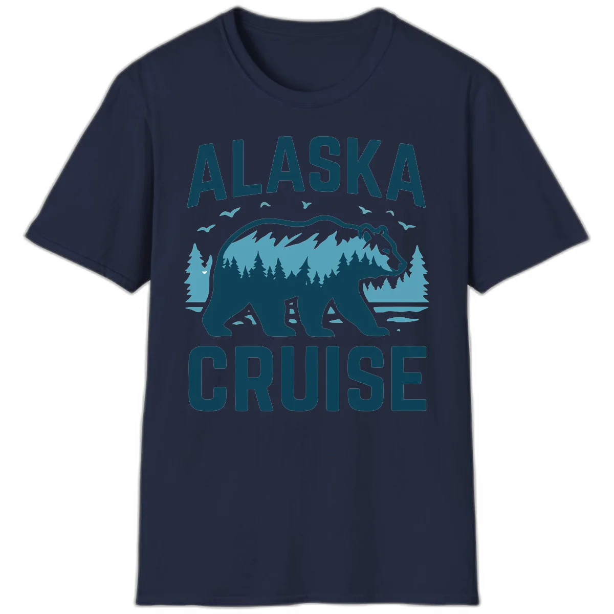 Alaska Cruise Bear Mountain Forest Design T-Shirt in Navy