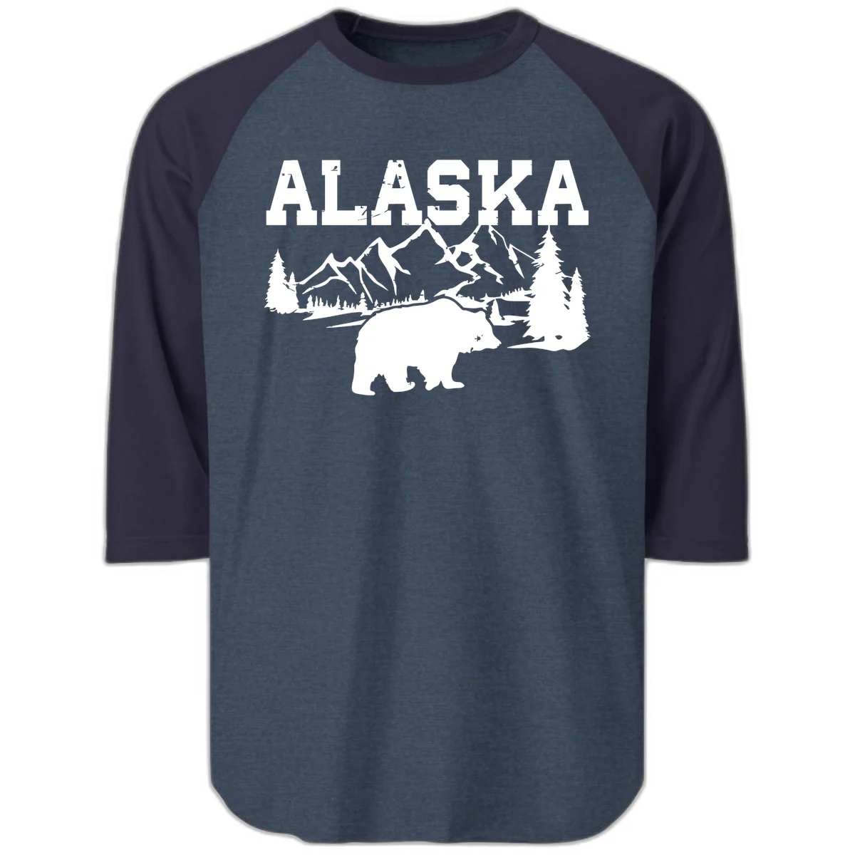 Alaska Bear Mountain Wilderness Cruise Raglan 3/4 in Heather Denim Navy