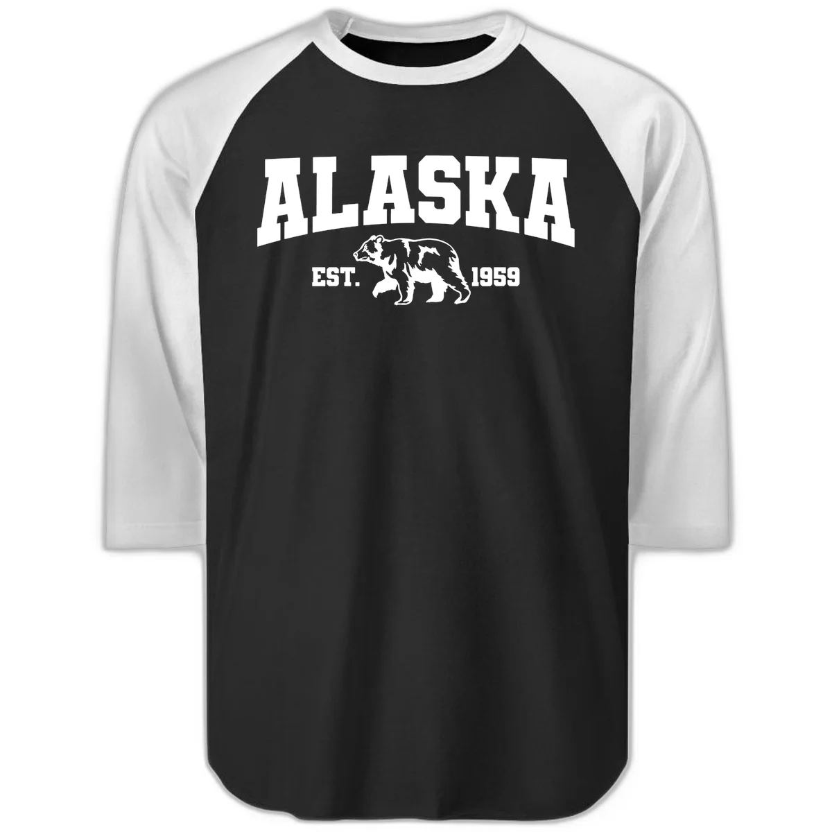 Alaska Bear Est. 1959 Raglan 3/4 in Black White