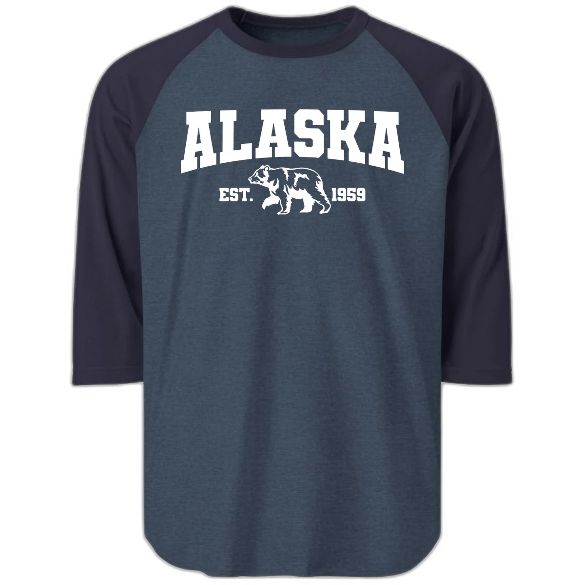 Alaska Bear Est. 1959 Raglan 3/4 in Heather Denim Navy