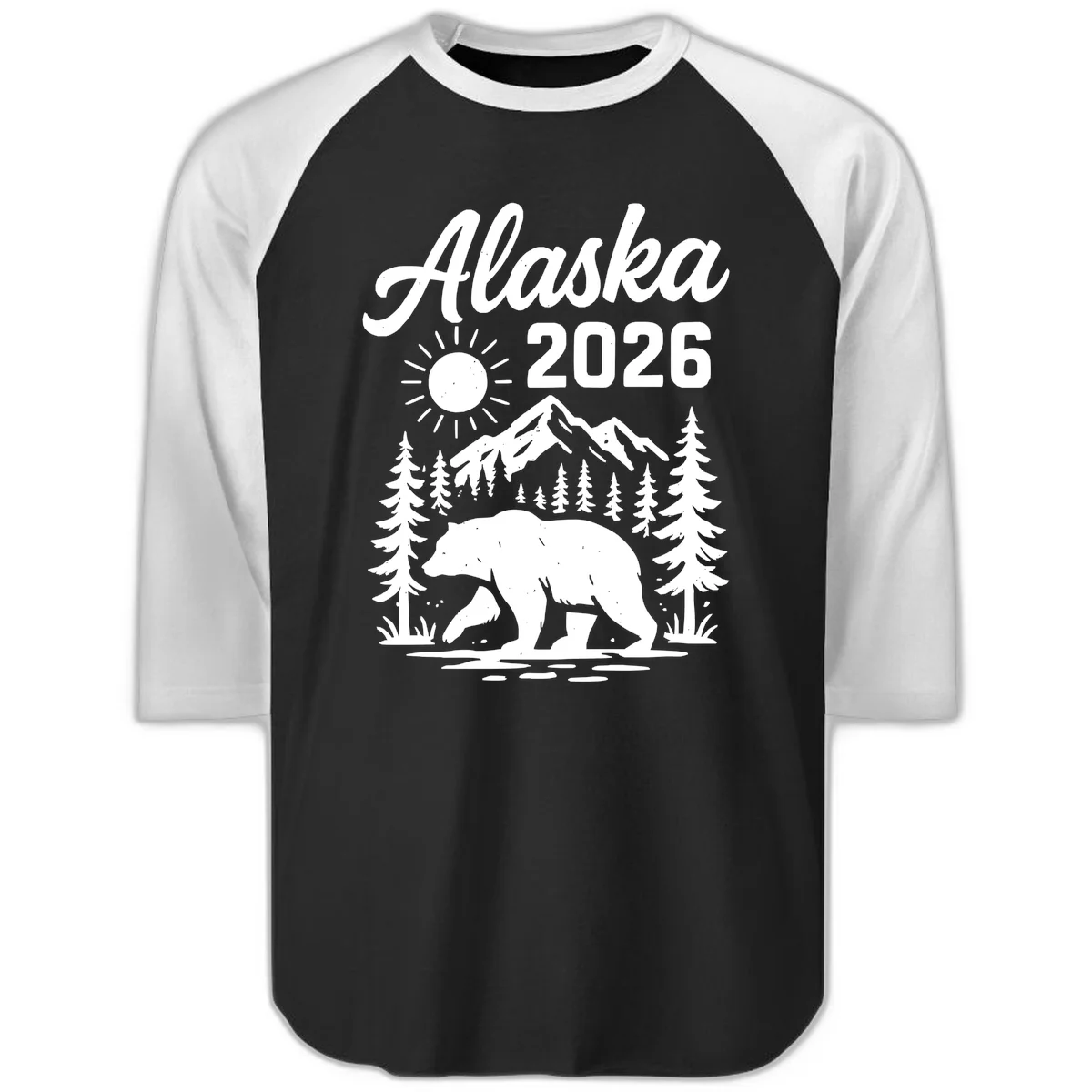 Alaska 2026 Bear Mountain Wilderness Raglan 3/4 in Black White