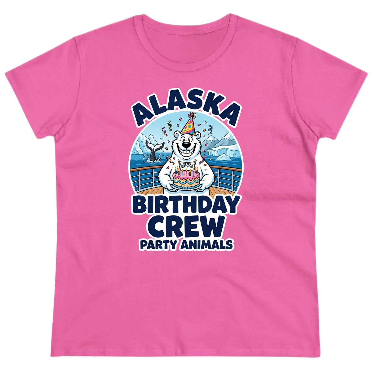 Alaska Birthday Crew Party Animals Ladies Tee in Azalea