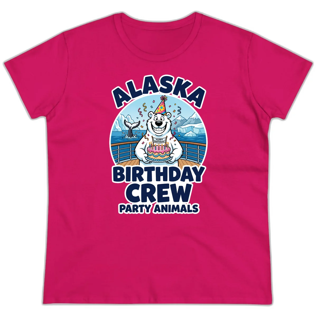 Alaska Birthday Crew Party Animals Ladies Tee in Heliconia
