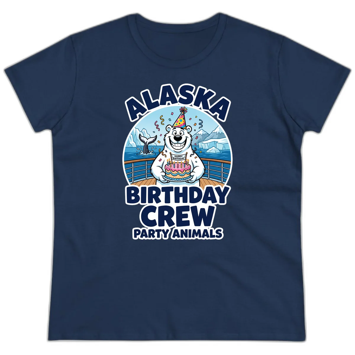 Alaska Birthday Crew Party Animals Ladies Tee in Navy