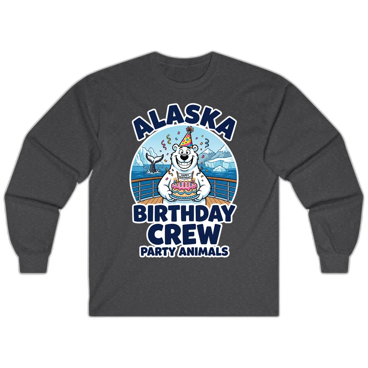 Alaska Birthday Crew Party Animals Long Sleeve Shirt in Dark Heather