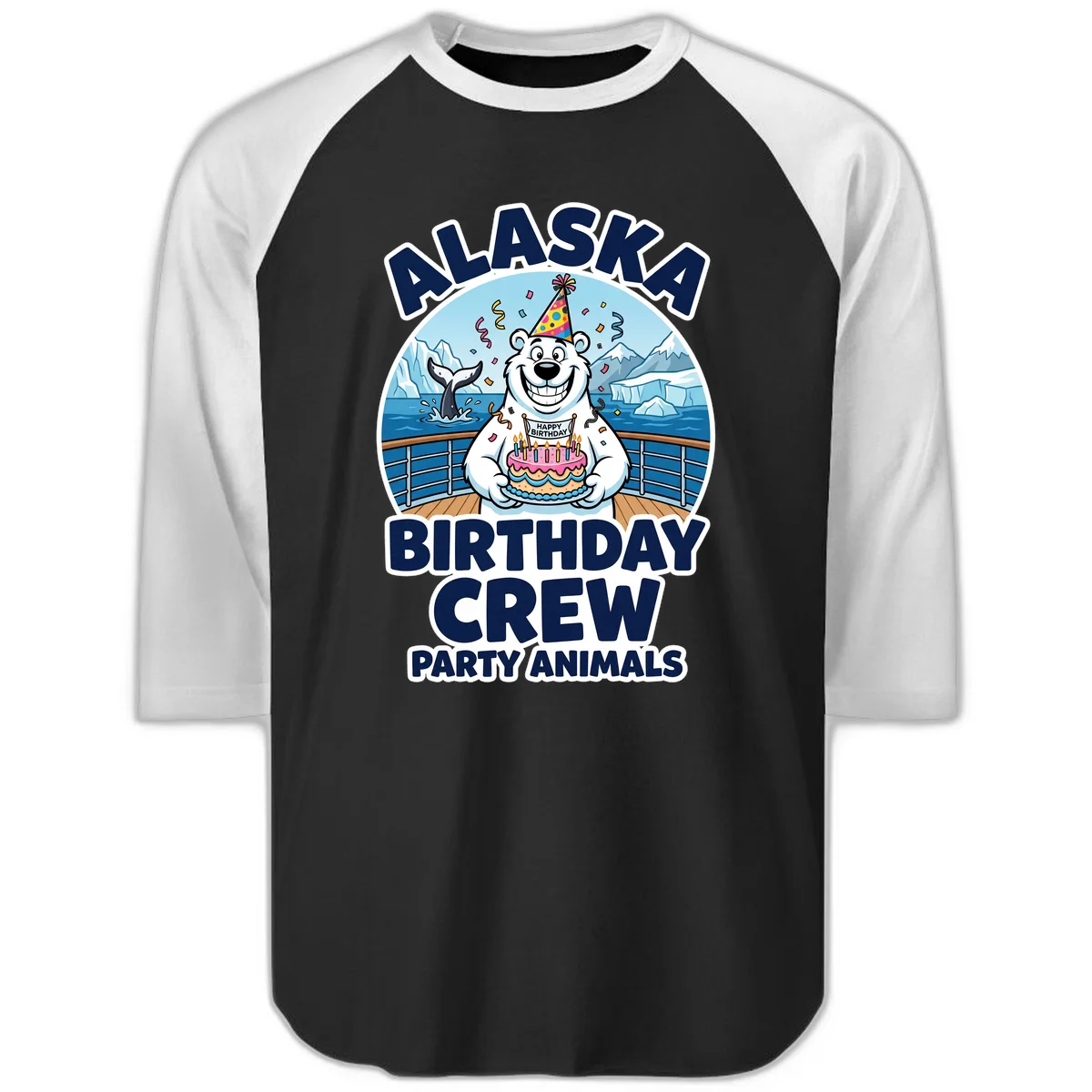 Alaska Birthday Crew Party Animals Raglan 3/4 Sleeve in Black White
