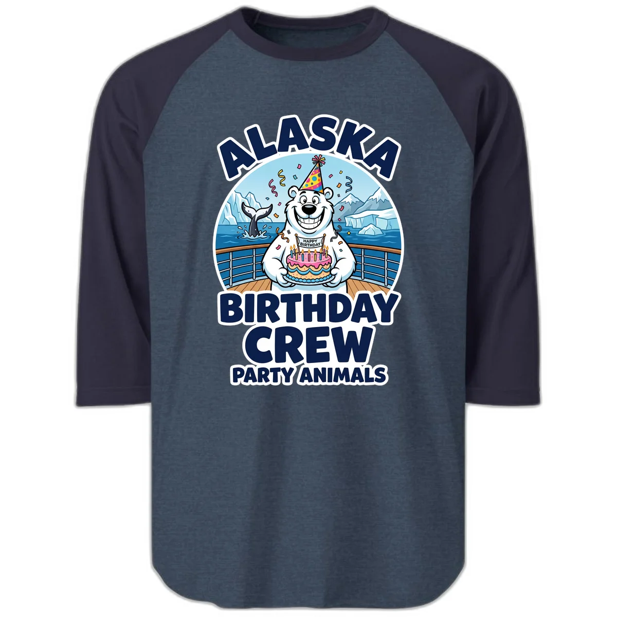 Alaska Birthday Crew Party Animals Raglan 3/4 Sleeve in Heather Denim Navy