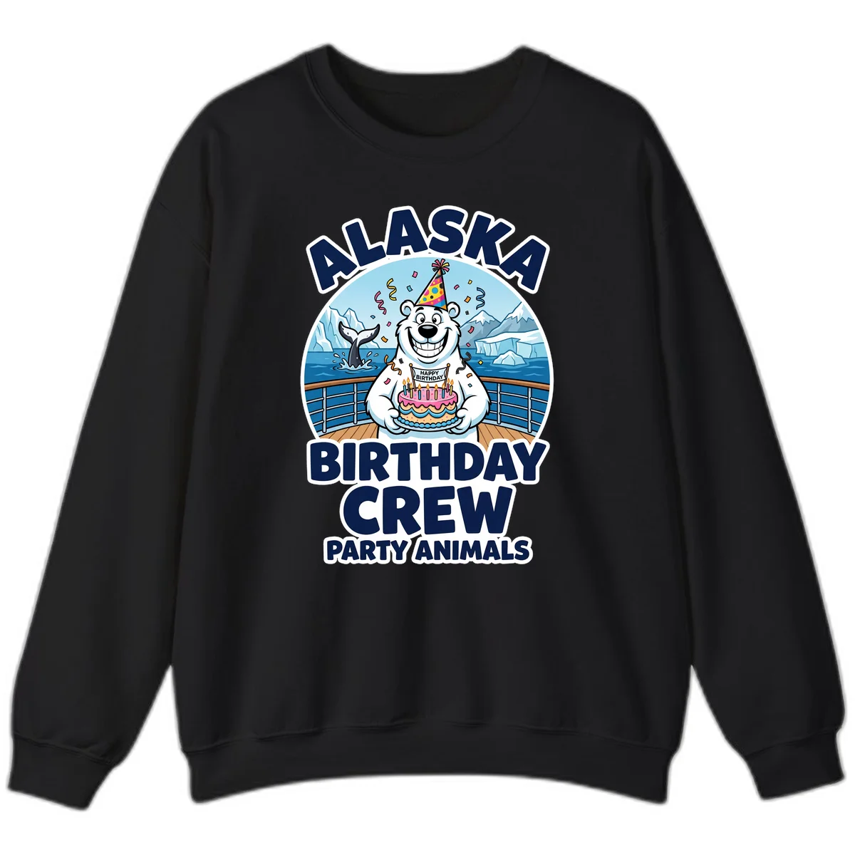 Alaska Birthday Crew Party Animals Crewneck Sweatshirt in Black