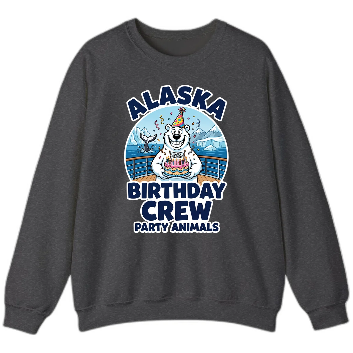 Alaska Birthday Crew Party Animals Crewneck Sweatshirt in Dark Heather