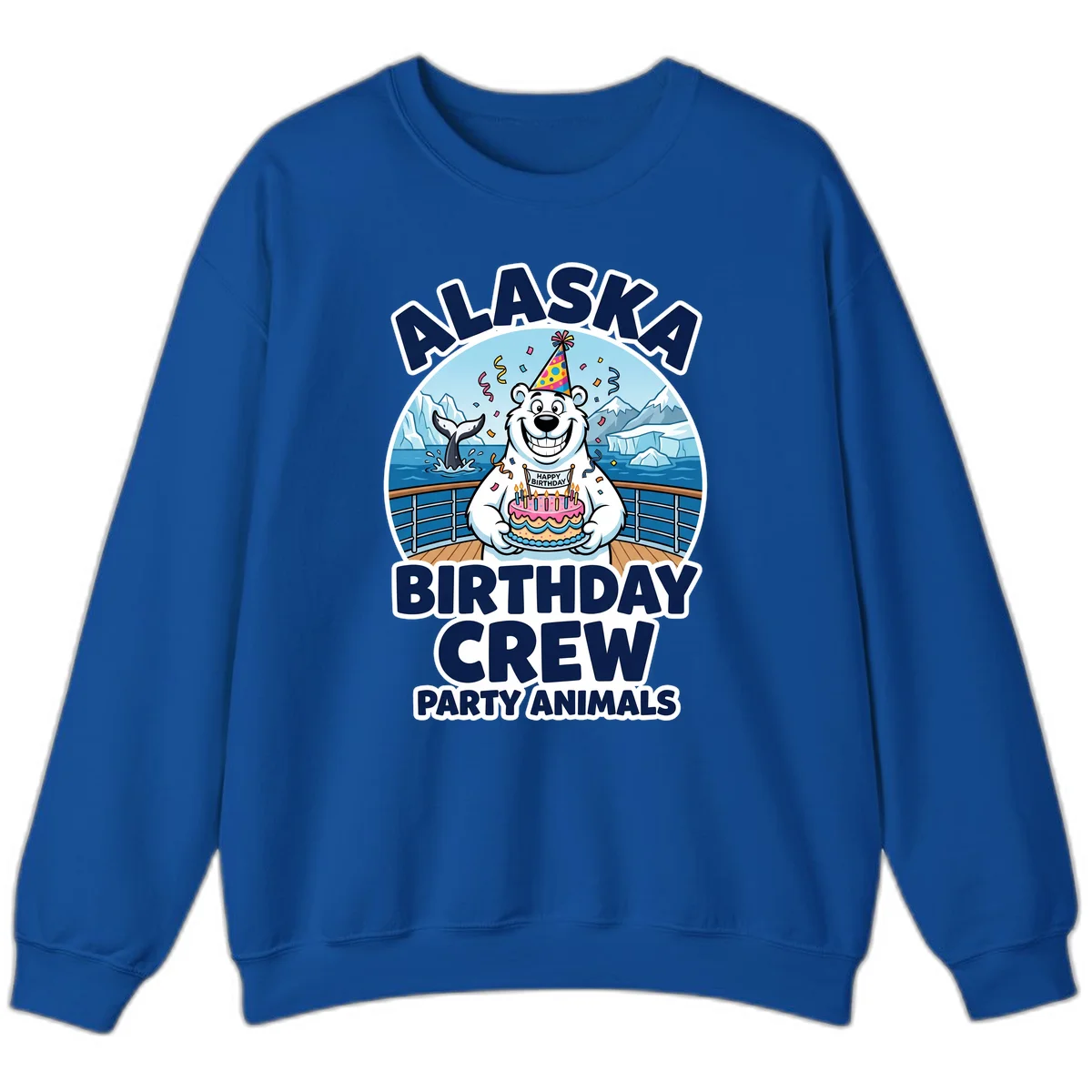 Alaska Birthday Crew Party Animals Crewneck Sweatshirt in Royal
