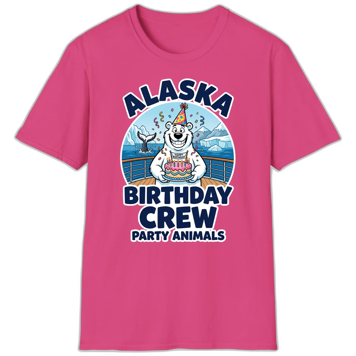 Alaska Birthday Crew Party Animals T-Shirt in Heliconia