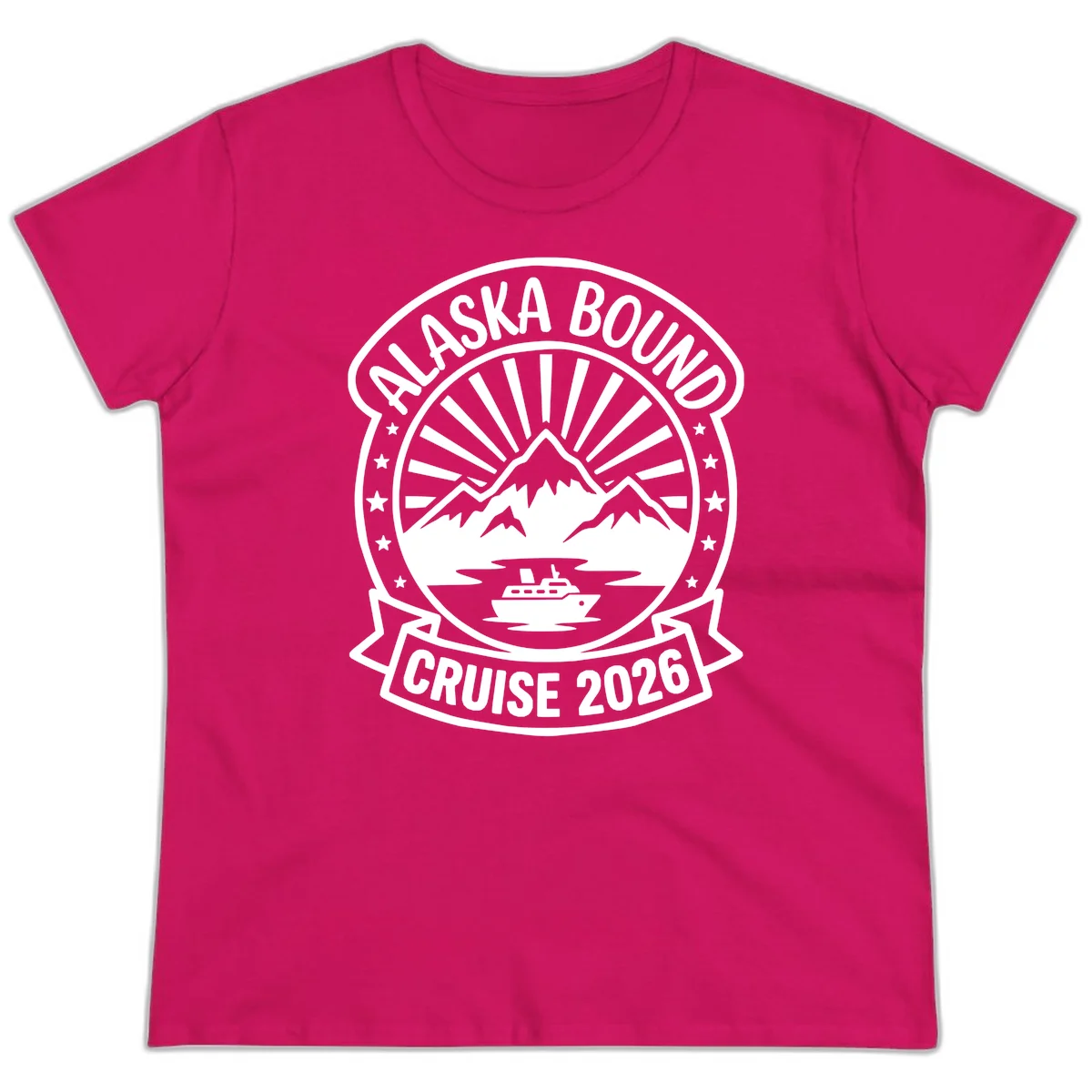 Alaska Bound Cruise 2026 Badge Ladies Tee in Heliconia