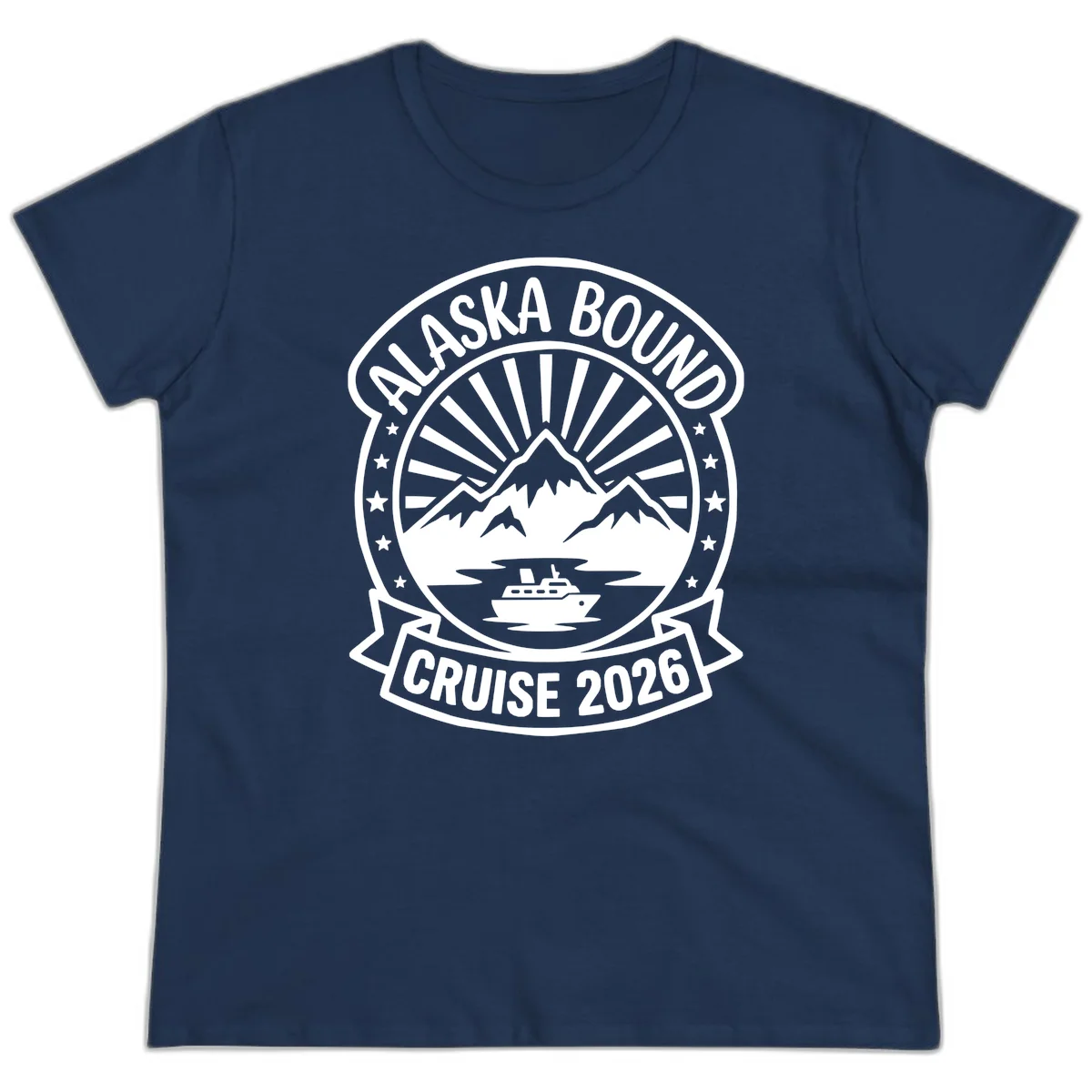 Alaska Bound Cruise 2026 Badge Ladies Tee in Navy
