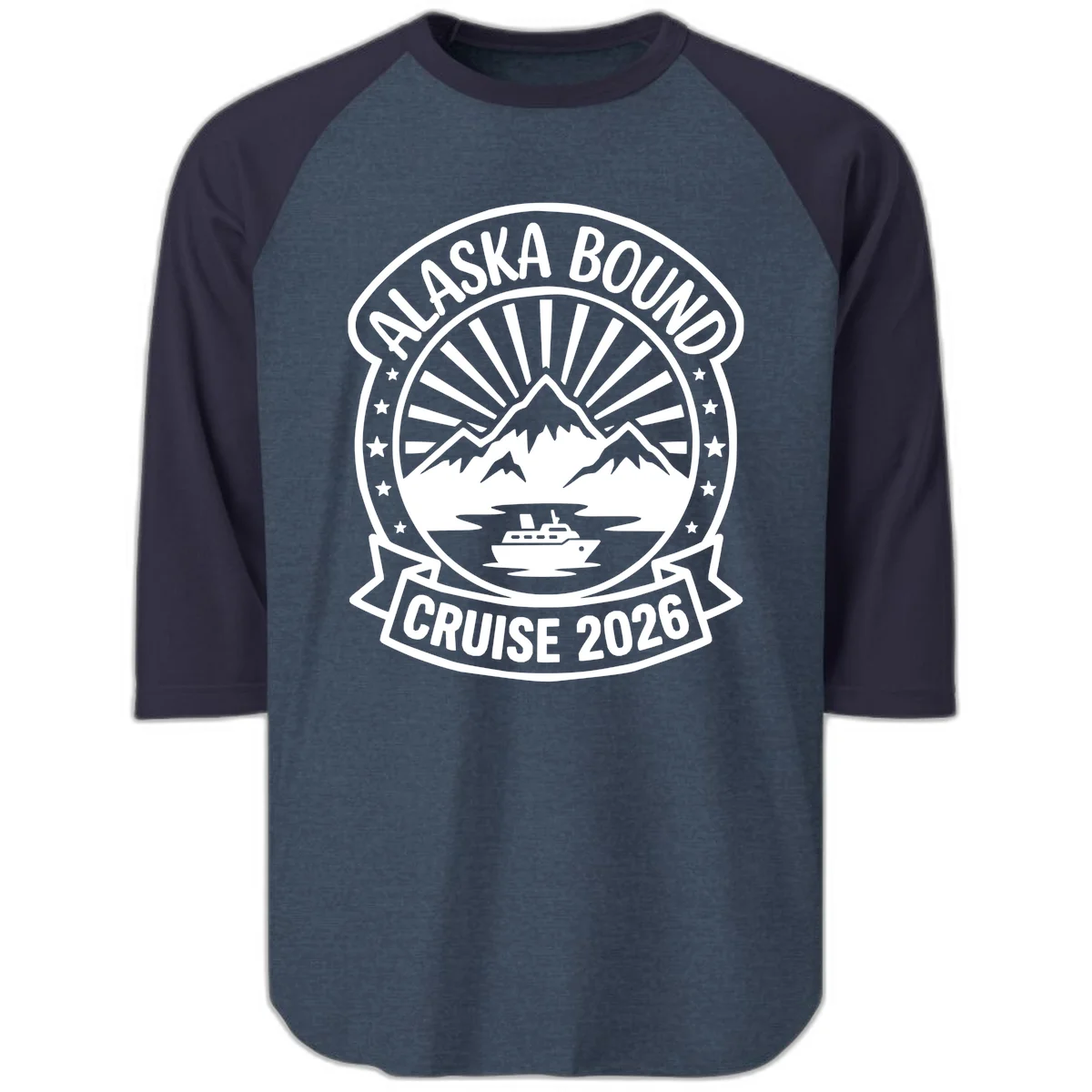 Alaska Bound Cruise 2026 Badge Raglan 3/4 in Heather Denim Navy