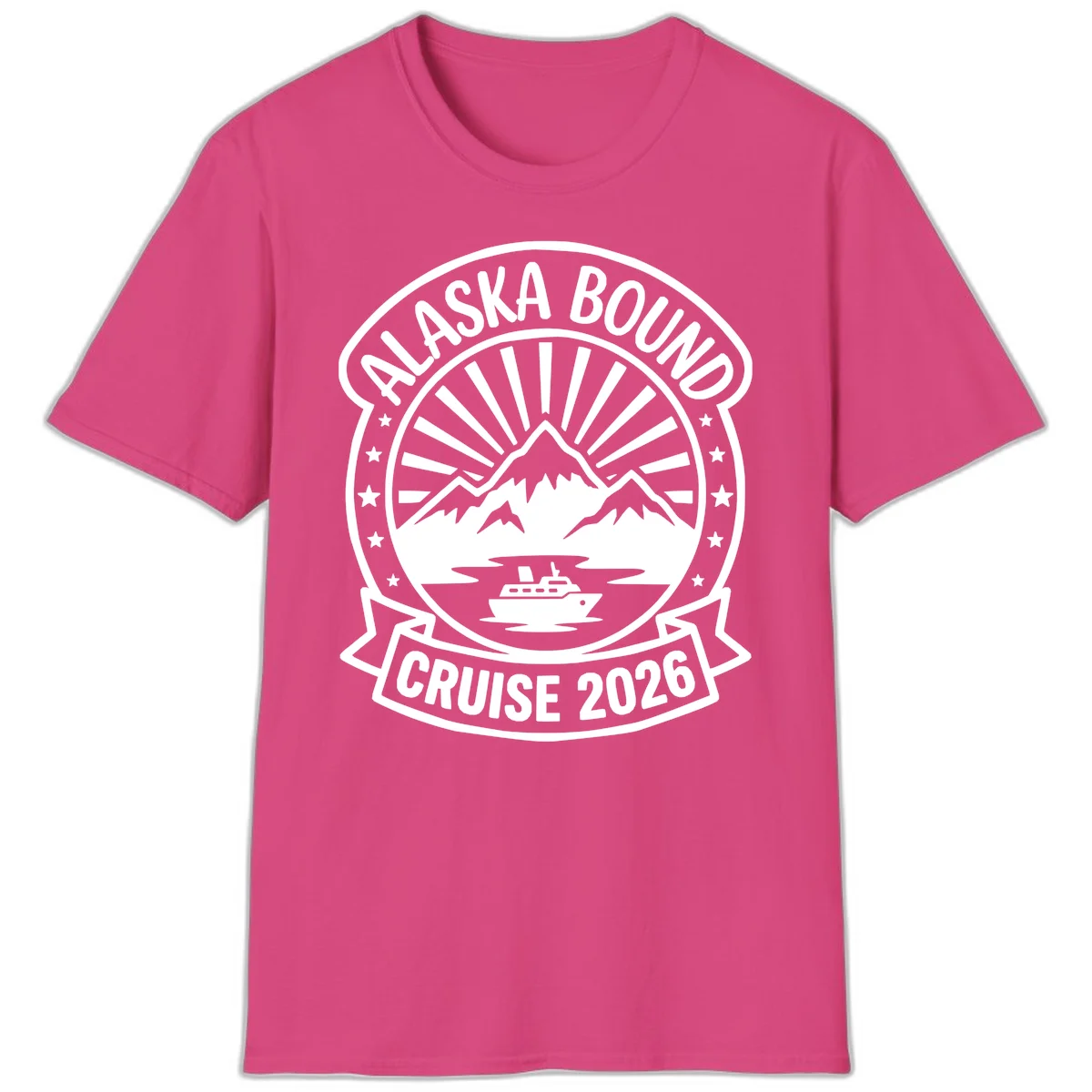 Alaska Bound Cruise 2026 Badge T-Shirt in Heliconia