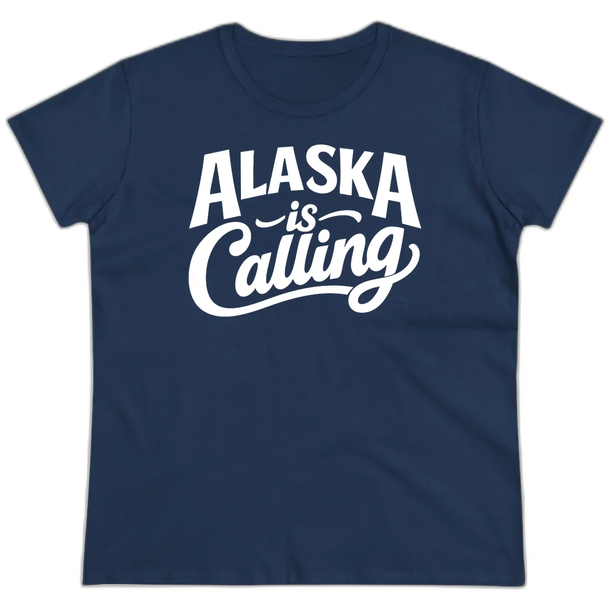 Alaska Is Calling Mixed Typography Design Ladies Tee in Navy