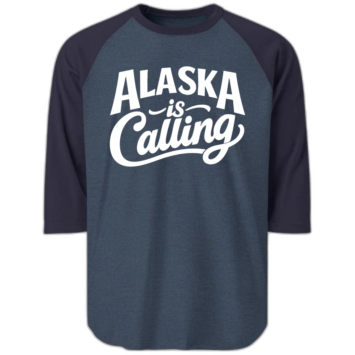 Alaska Is Calling Mixed Typography Design Raglan 3/4 in Heather Denim Navy