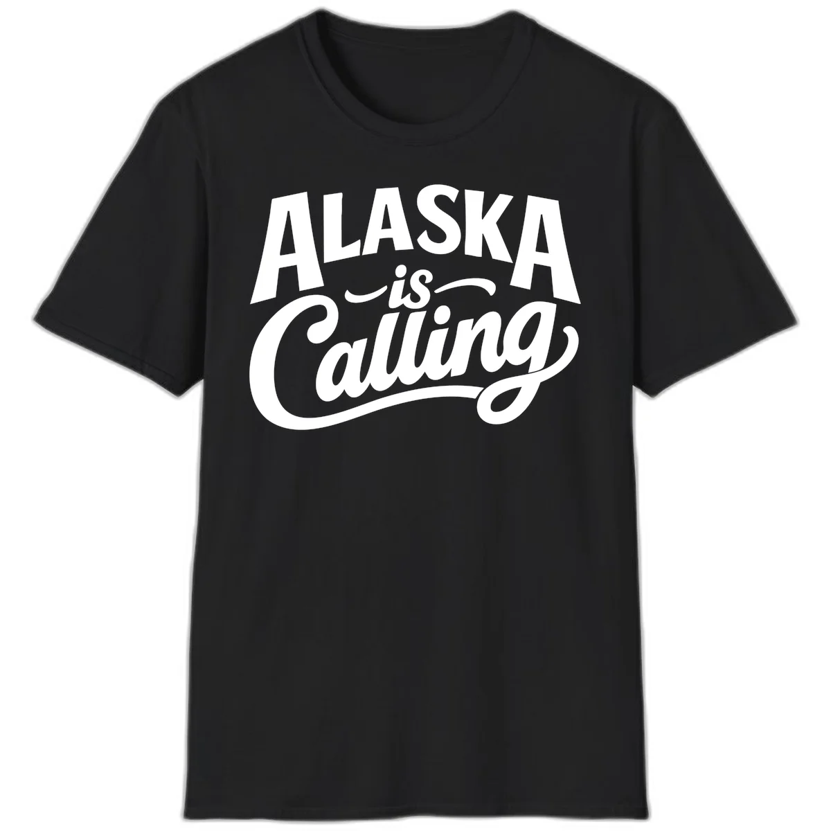 Alaska Is Calling Mixed Typography Design T-Shirt in Black