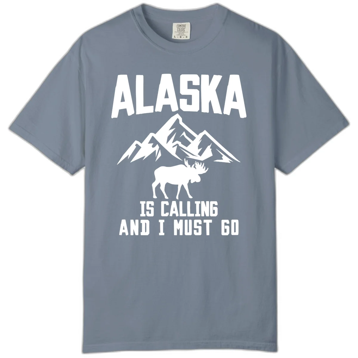 Alaska Is Calling Moose Mountains Comfort Color Tee in Blue Jean