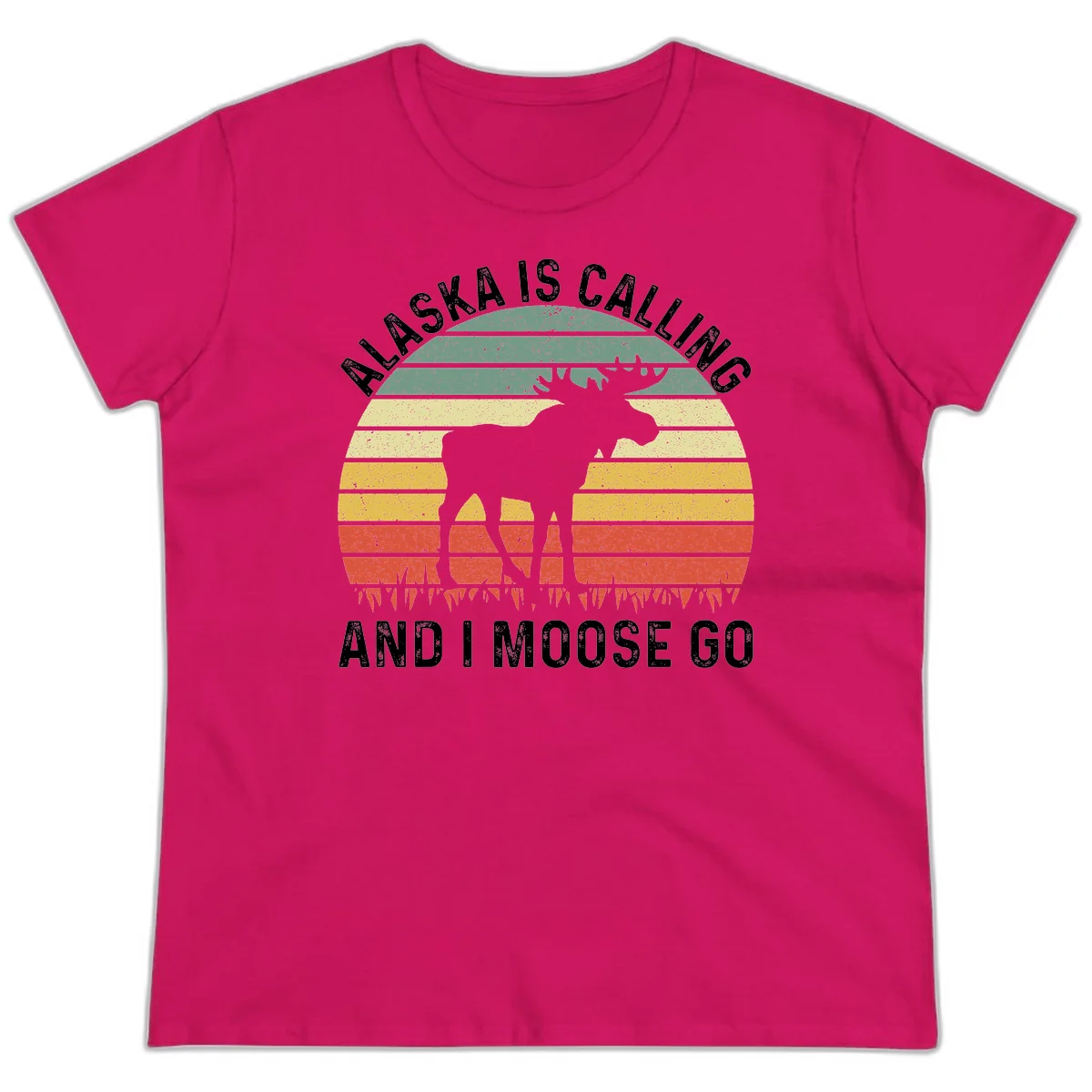 Alaska Is Calling I Moose Go Ladies Tee in Heliconia