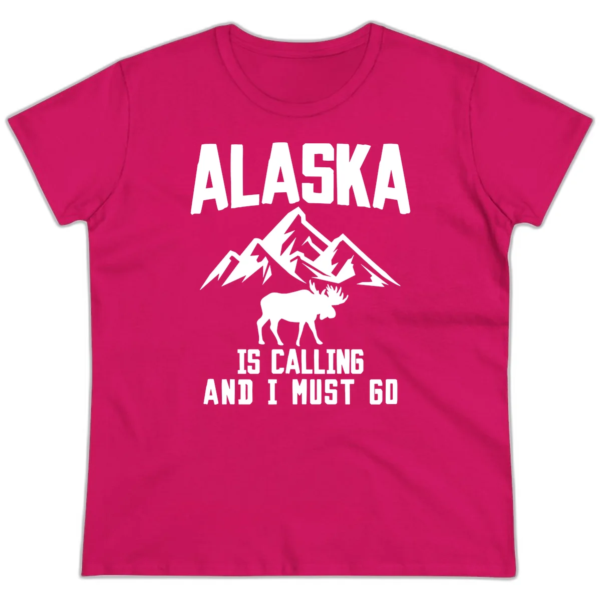 Alaska Is Calling Moose Mountains Ladies Tee in Heliconia