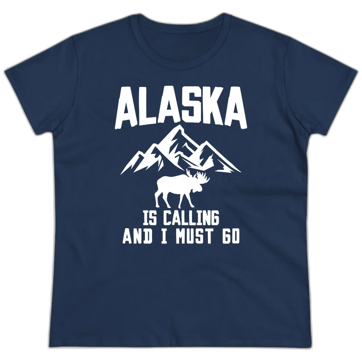 Alaska Is Calling Moose Mountains Ladies Tee in Navy