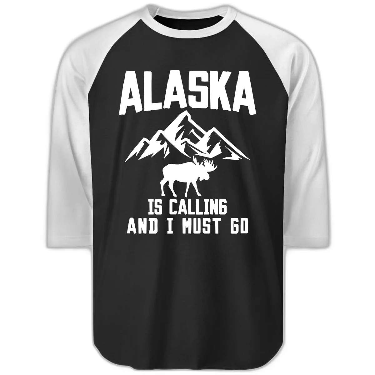 Alaska Is Calling Moose Mountains Raglan 3/4 Sleeve in Black White