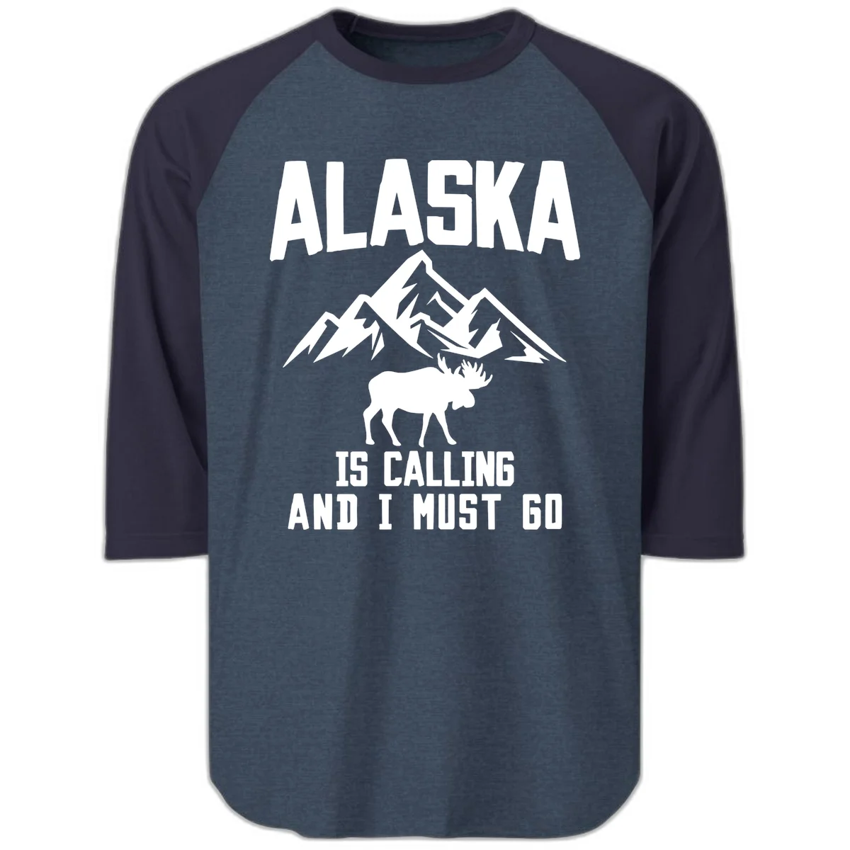Alaska Is Calling Moose Mountains Raglan 3/4 Sleeve in Heather Denim Navy
