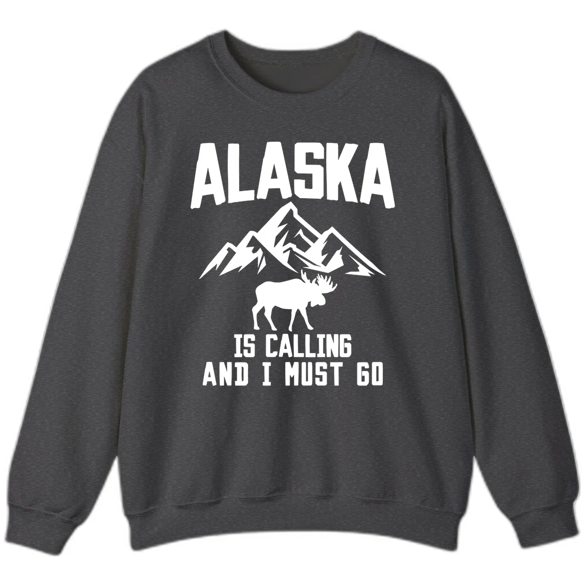 Alaska Is Calling Moose Mountains Crewneck Sweatshirt in Dark Heather