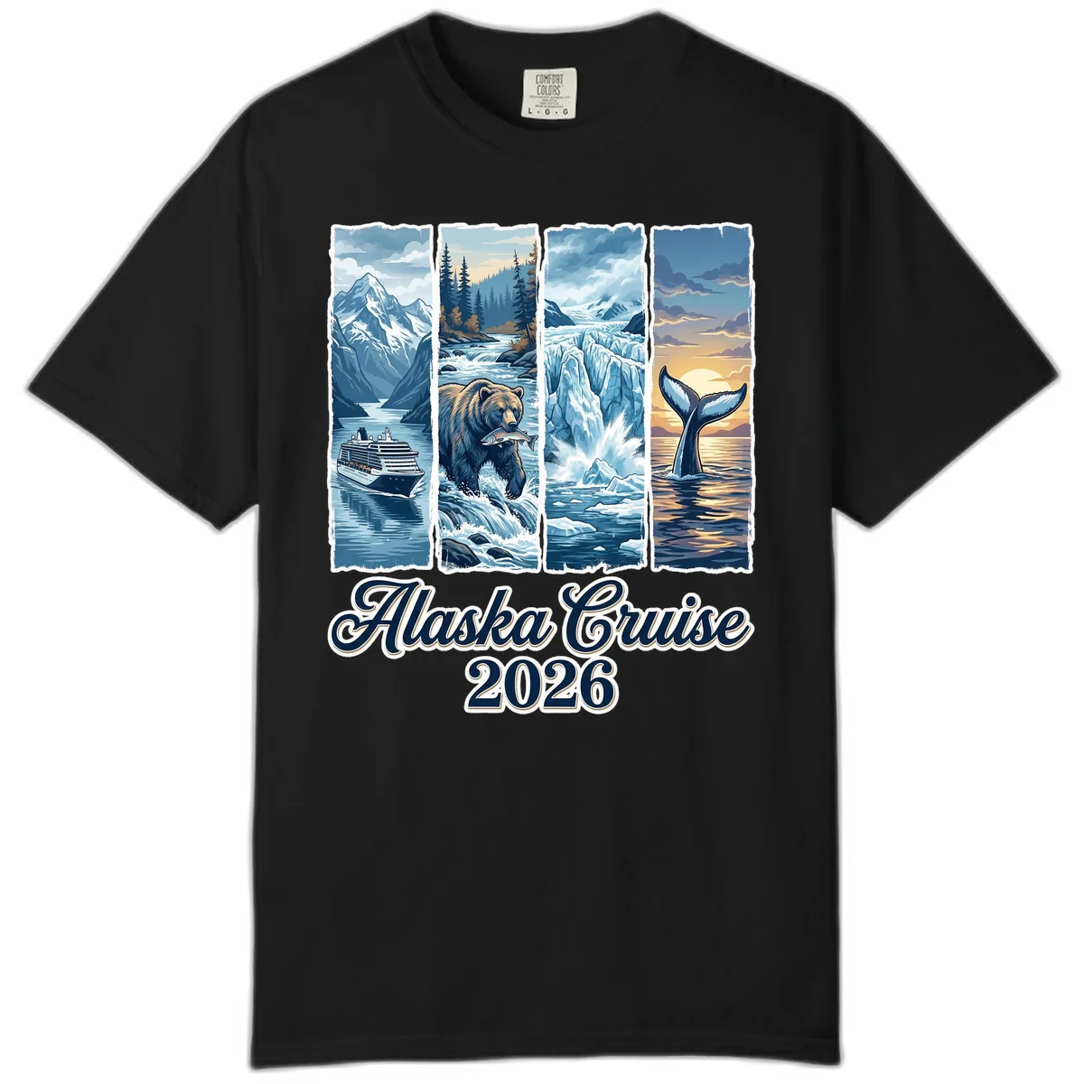 Alaska Cruise 2026 Scenic Adventure Collage Comfort Color Tee in Black