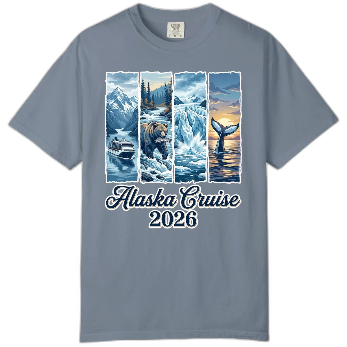 Alaska Cruise 2026 Scenic Adventure Collage Comfort Color Tee in Blue Jean