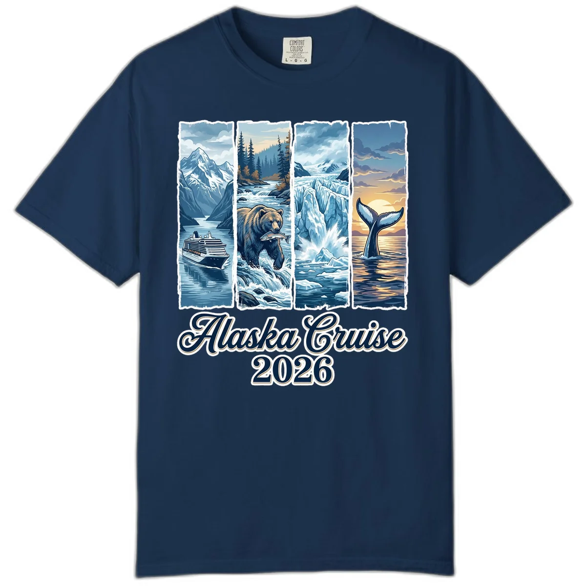 Alaska Cruise 2026 Scenic Adventure Collage Comfort Color Tee in Navy