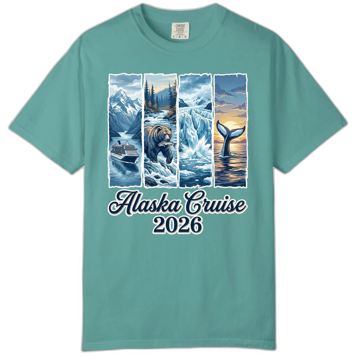 Alaska Cruise 2026 Scenic Adventure Collage Comfort Color Tee in Seafoam