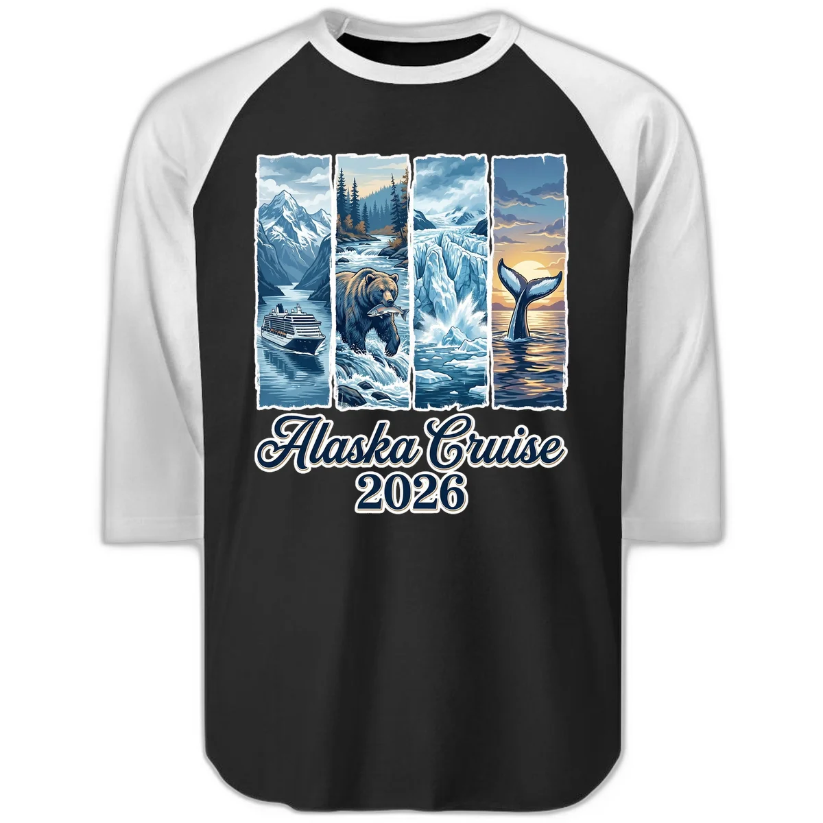 Alaska Cruise 2026 Scenic Adventure Collage Raglan 3/4 Sleeve in Black White
