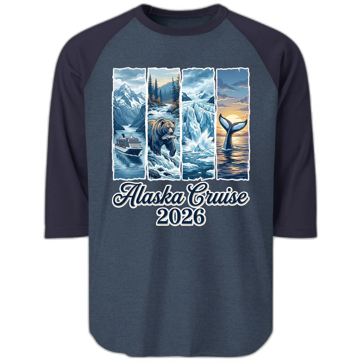 Alaska Cruise 2026 Scenic Adventure Collage Raglan 3/4 Sleeve in Heather Denim Navy
