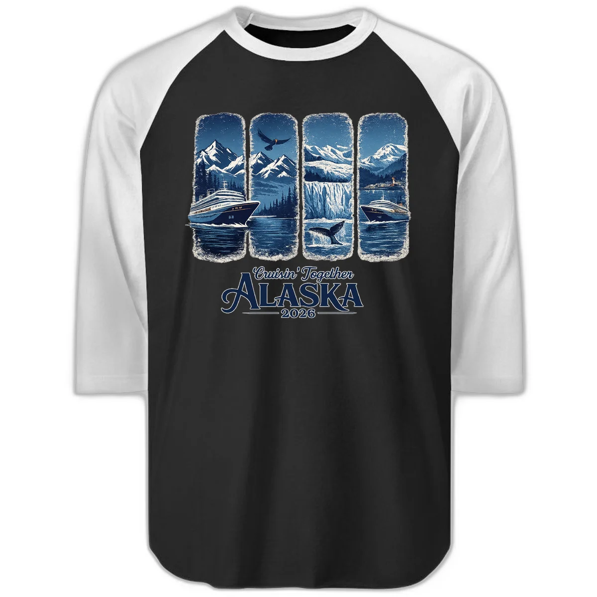 Alaskan Cruise Together Scenic Views 2026 Raglan 3/4 in Black White