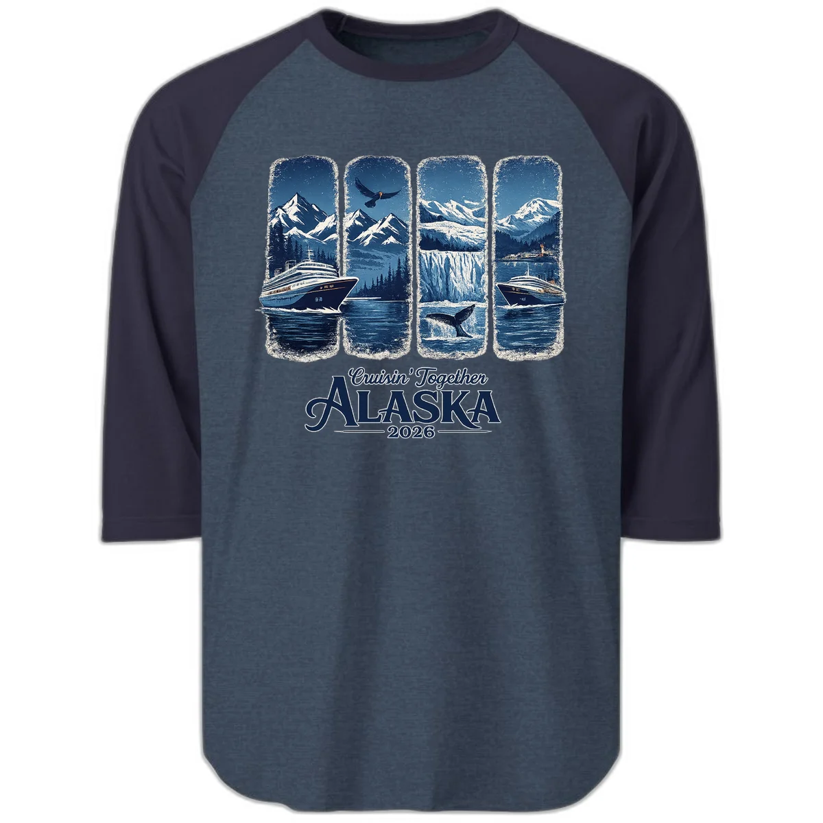 Alaskan Cruise Together Scenic Views 2026 Raglan 3/4 in Heather Denim Navy
